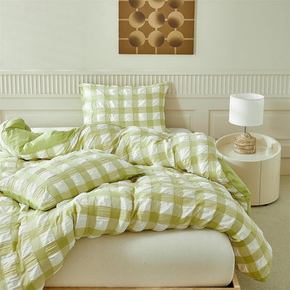 Seersucker Bettwäsche Set 135x200 Grün Weiß Kariert