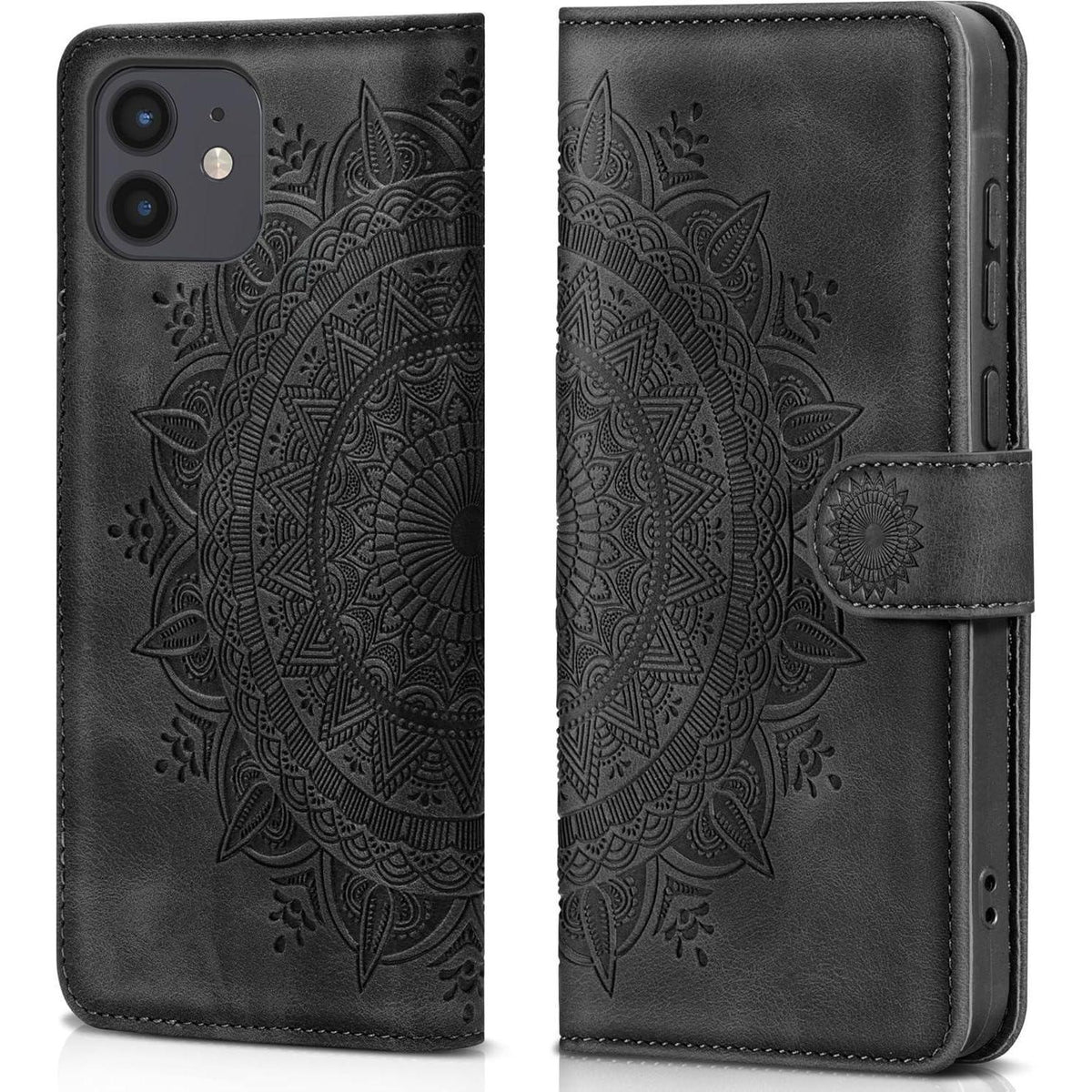 iPhone 12/12 Pro Hülle mit Kartenfach und Ständer Schwarz in Lederoptik