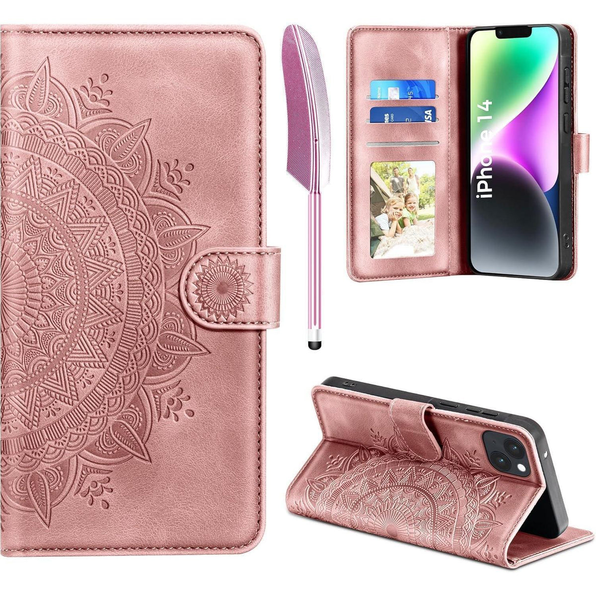 iPhone 14 Klapphülle mit Kartenfach, Ständer, Rosa