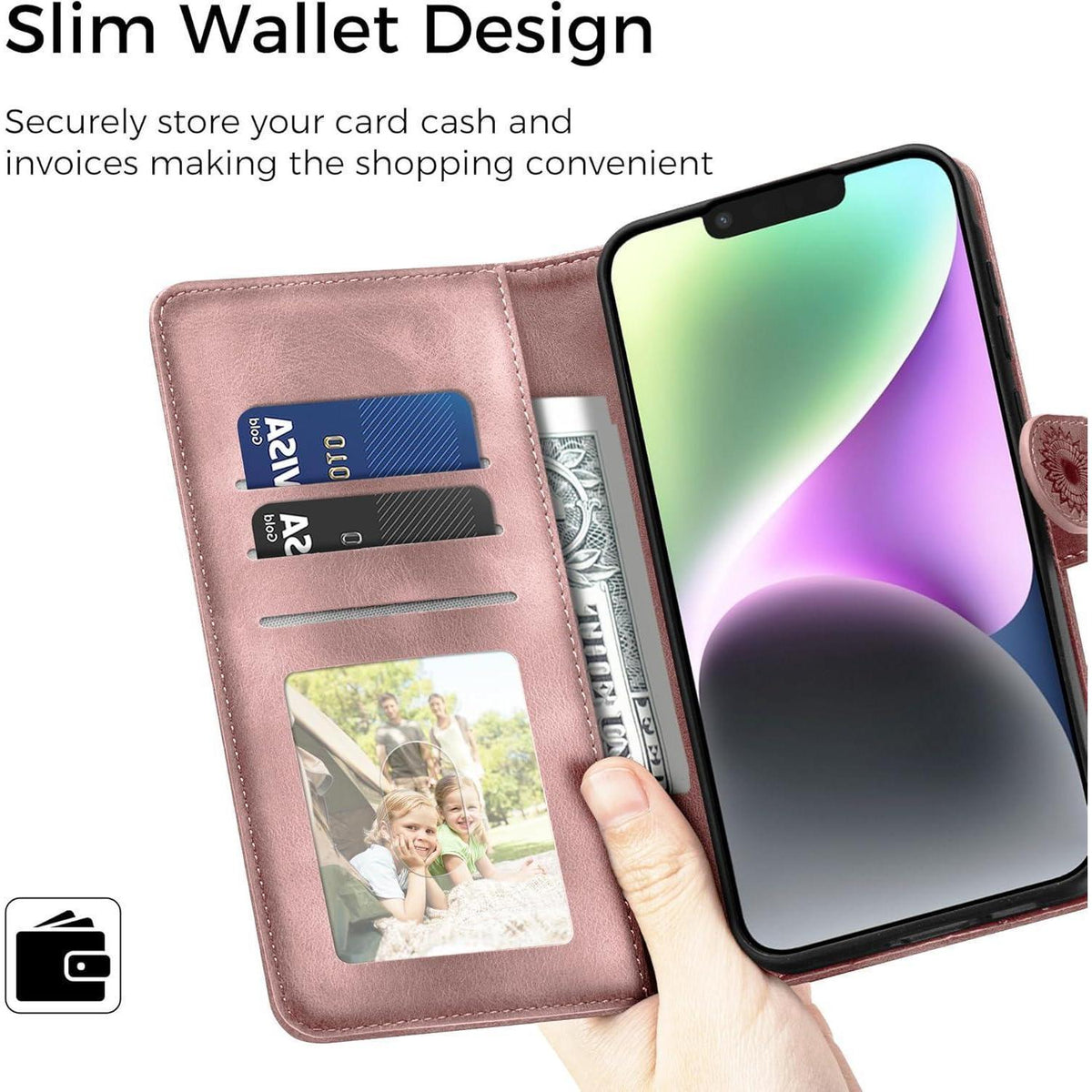 iPhone 14 Klapphülle mit Kartenfach, Ständer, Rosa