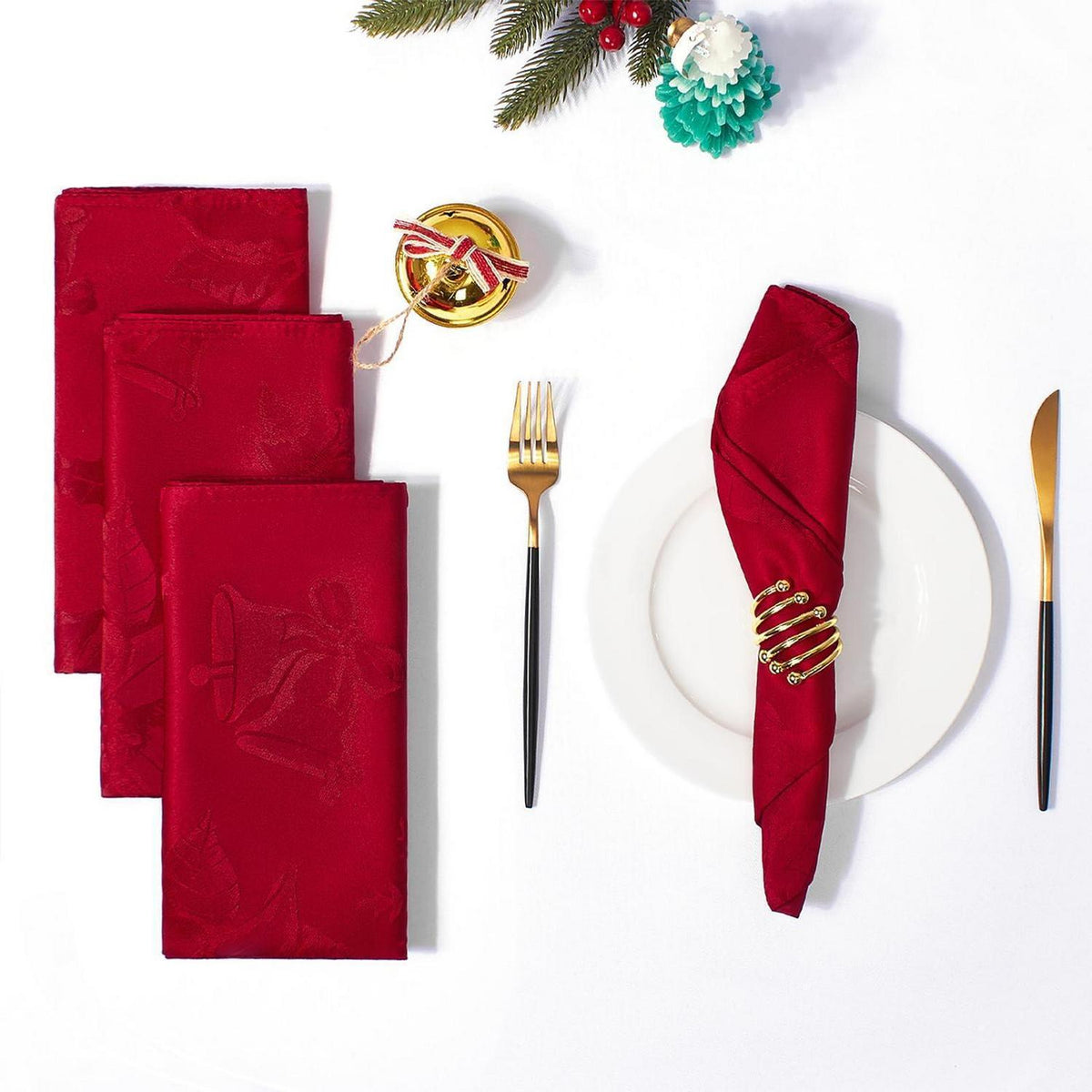 Weihnachtliche Jacquard-Servietten rot-blumig, 4er Set, 50x50cm
