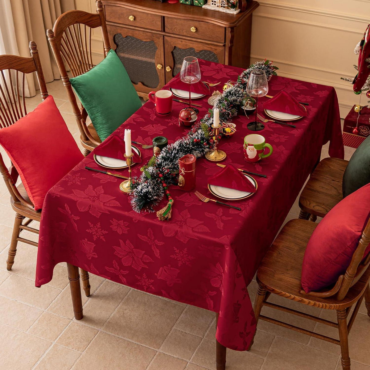 Weihnachtliche Jacquard-Servietten rot-blumig, 4er Set, 50x50cm