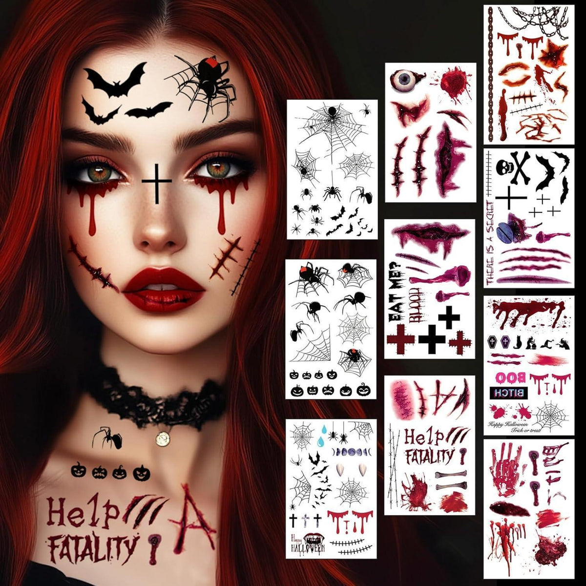 Halloween Tattoos Gesicht 10 Blatt für Erwachsene & Kinder