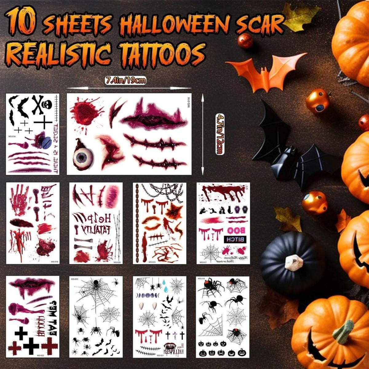 Halloween Tattoos Gesicht 10 Blatt für Erwachsene & Kinder