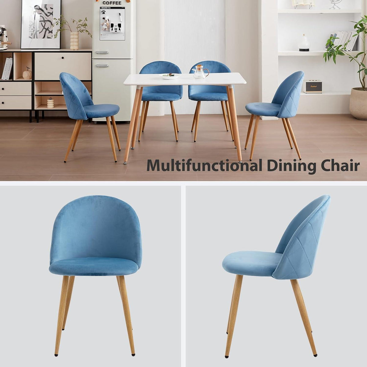 4er Set Samt Esszimmerstühle mit Metallbeinen – Blau