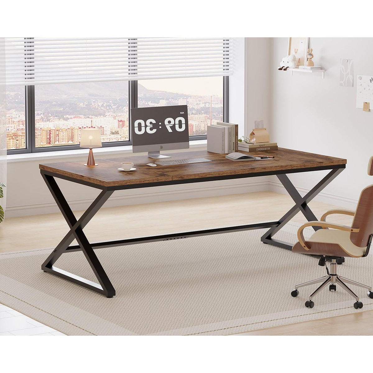 Großer moderner Schreibtisch 180cm Eiche & Schwarz für Home Office