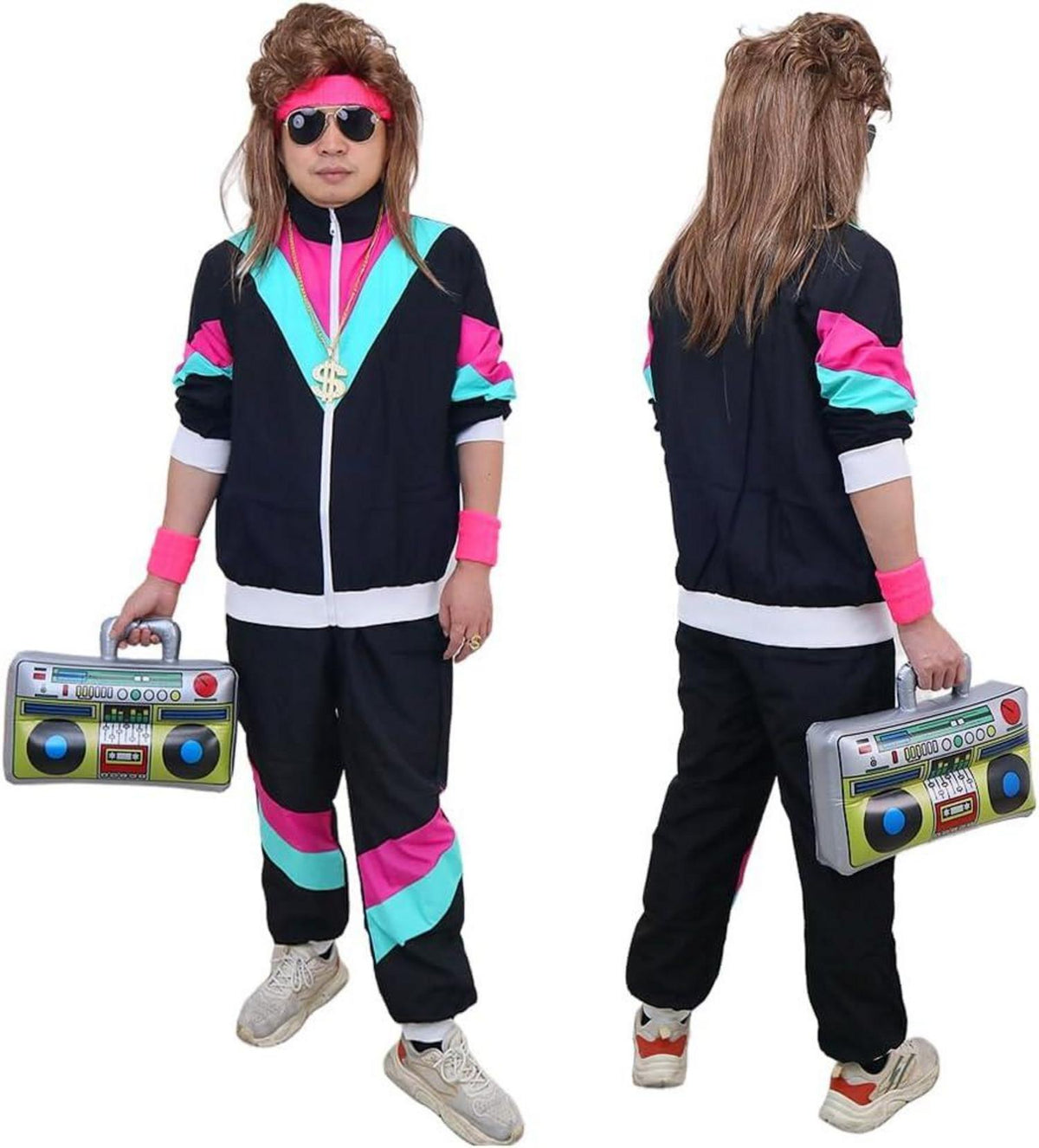 80er Jahre Kostüm Vokuhila Set Trainingsanzug Jacke Hose Assi Perücke für