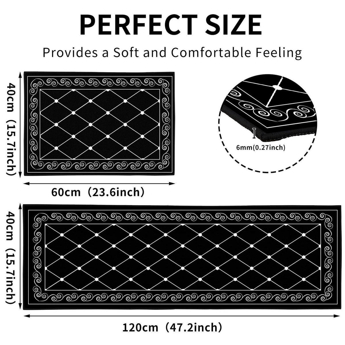 2x Küchenteppich Set Öl-Aufnehmend 40x120cm + 40x60cm Schwarz Karo