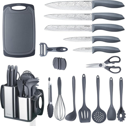 18-teiliges Küchenmesser-Set mit Silikon-Utensilien & Messerblock Grau