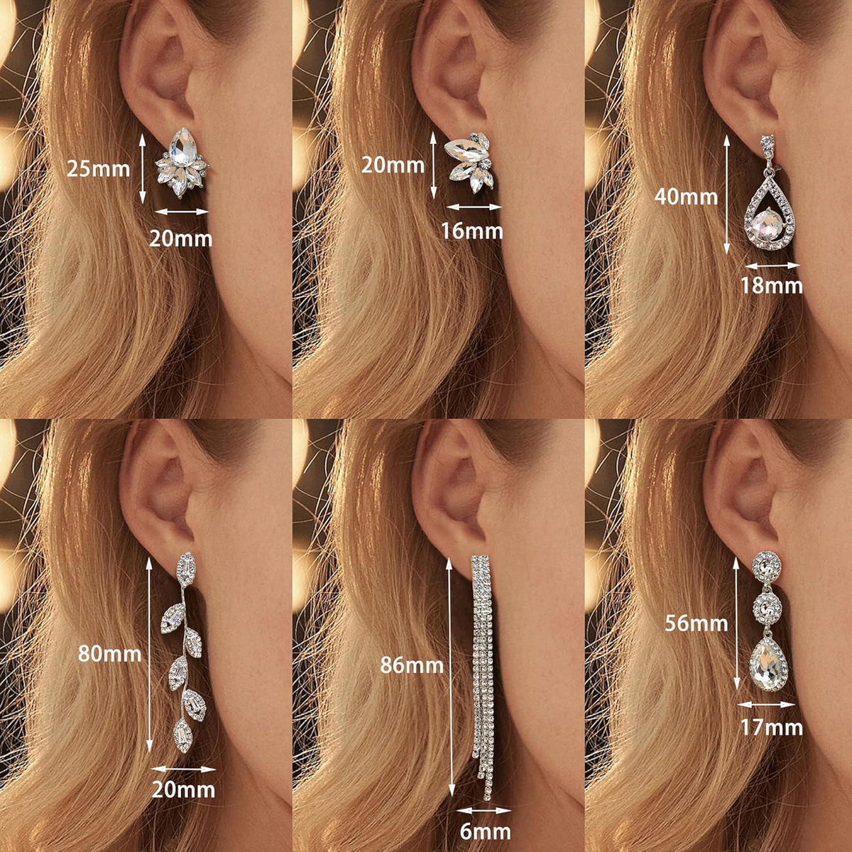 6 Paar Clip Ohrringe Damen Strass Hängend Non-Piercing