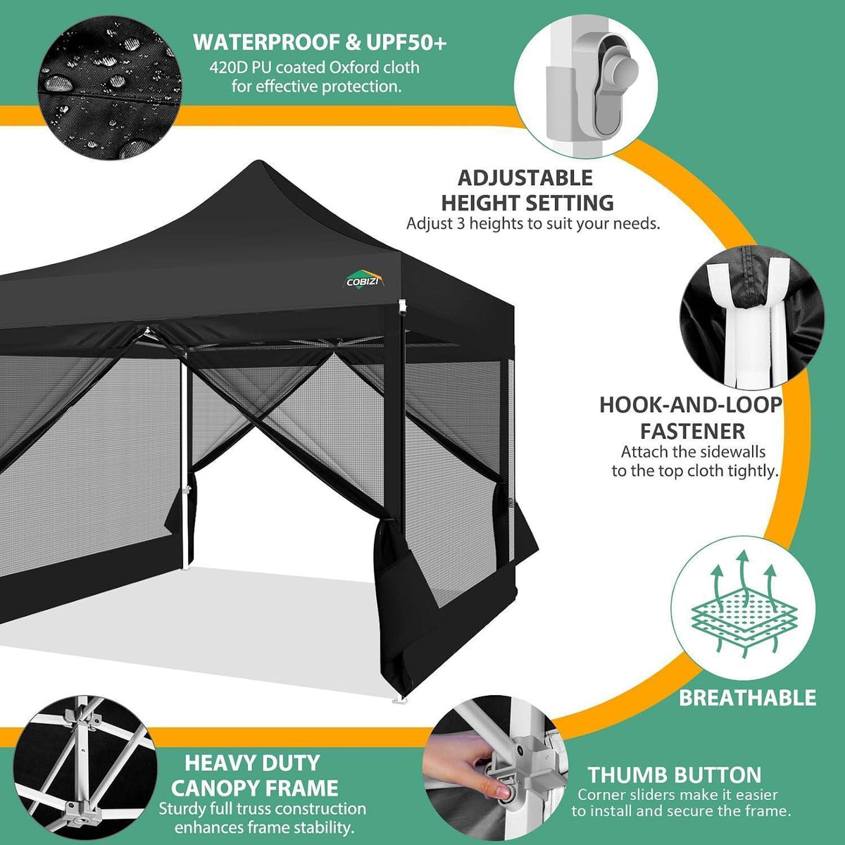 3x3m Faltpavillon wasserdicht mit Mesh-Seitenwänden Schwarz