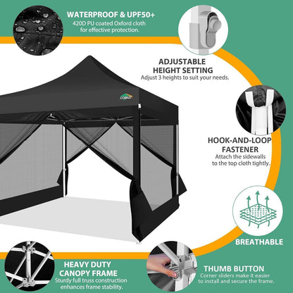 3x3m Faltpavillon wasserdicht mit Mesh-Seitenwänden Schwarz