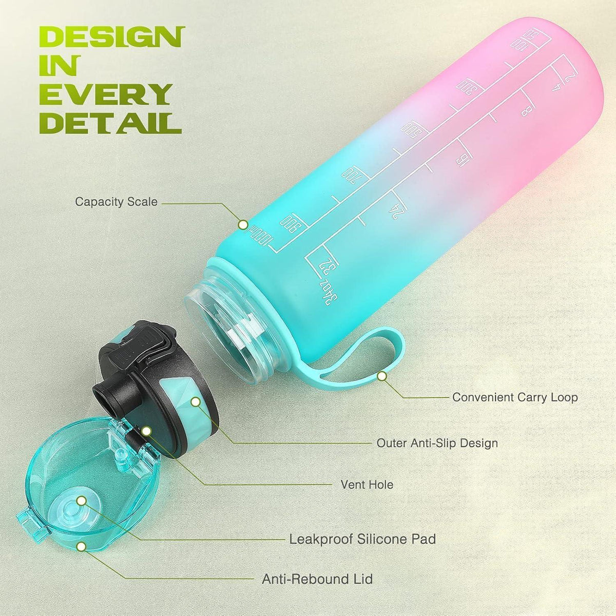 Trinkflasche 1L Sport Wasserflasche rutschfest Gummi Grip Geeignet für