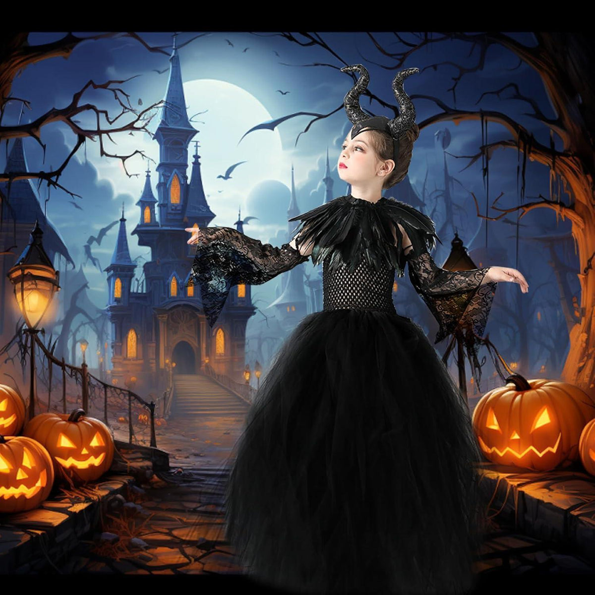 Maleficent Kostüm für Mädchen mit Flügeln und Hörnern