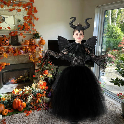 Kinder Maleficent Kostüm mit Hörnern, Flügeln und Umhang