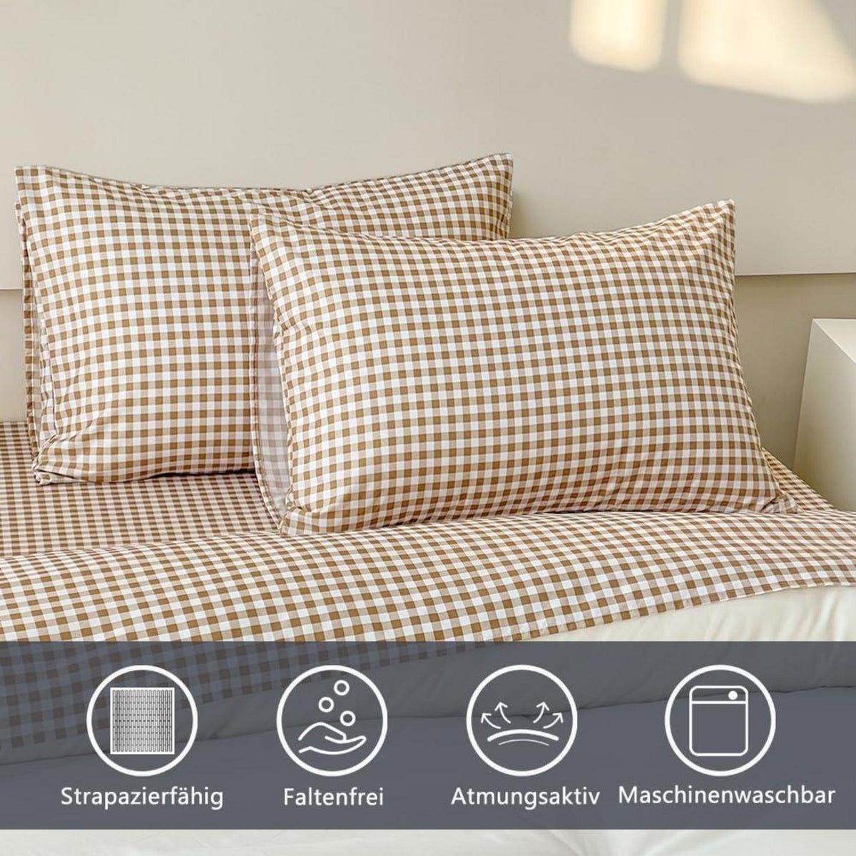 Bettwäsche Set Braun Kariert 200x220 cm mit Kissenbezügen