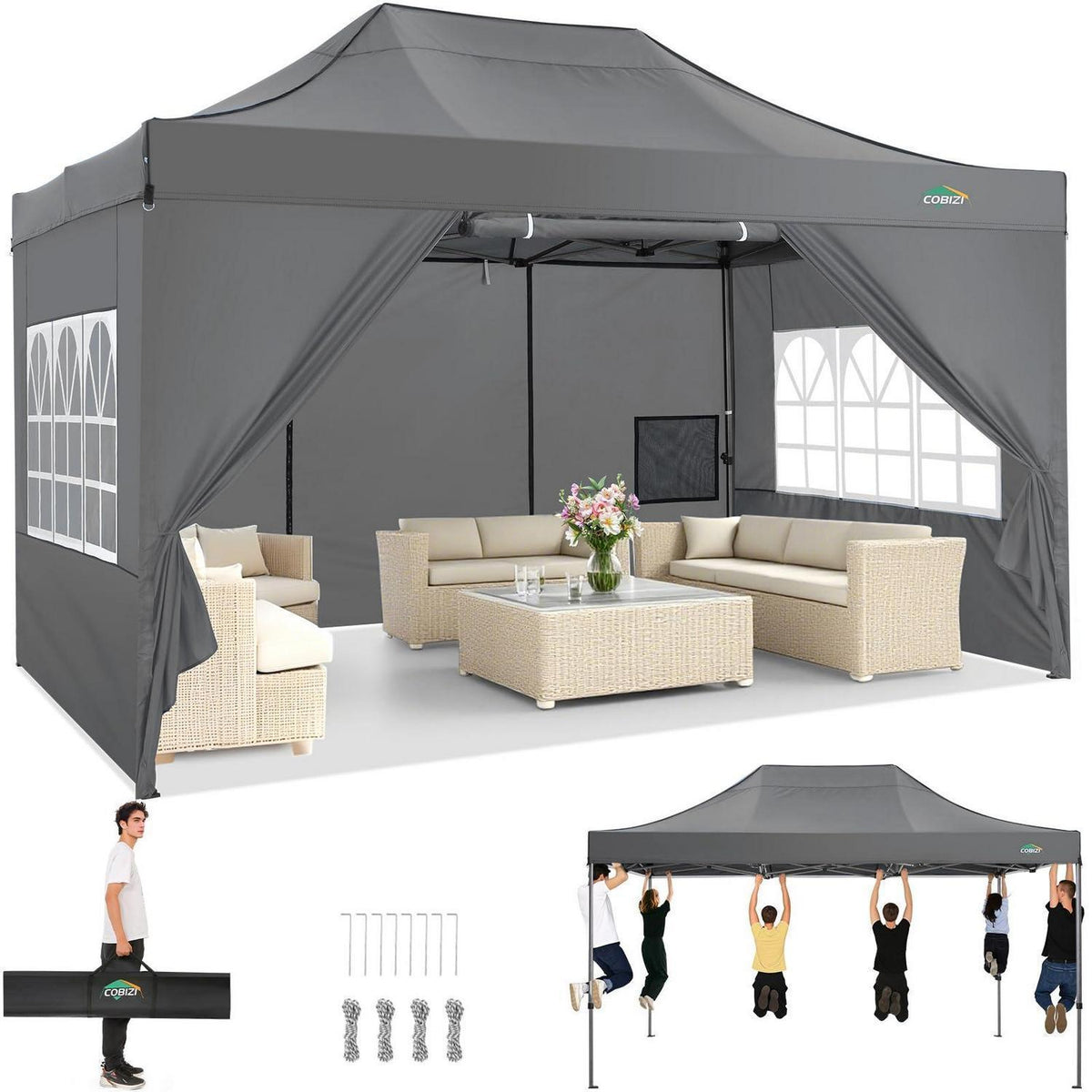 Faltpavillon 3x4.5 Wasserdicht mit Seitenteilen – Grau