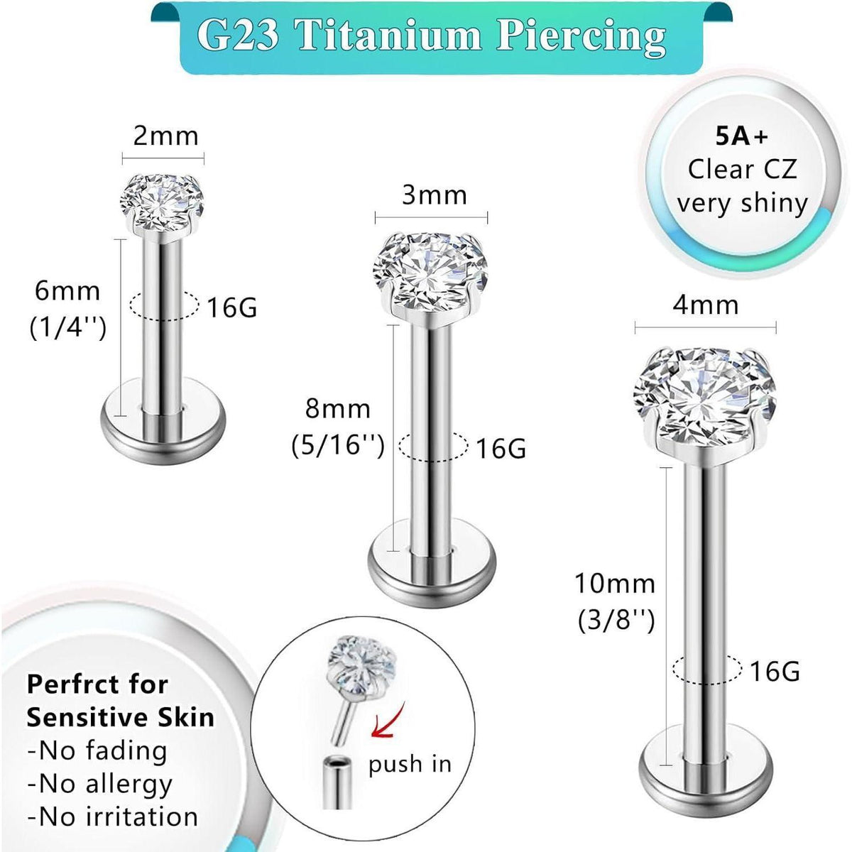 G23 Titan Piercing Schmuck für Ohr, Lippe, Nase – Gewindelose Push-In Studs