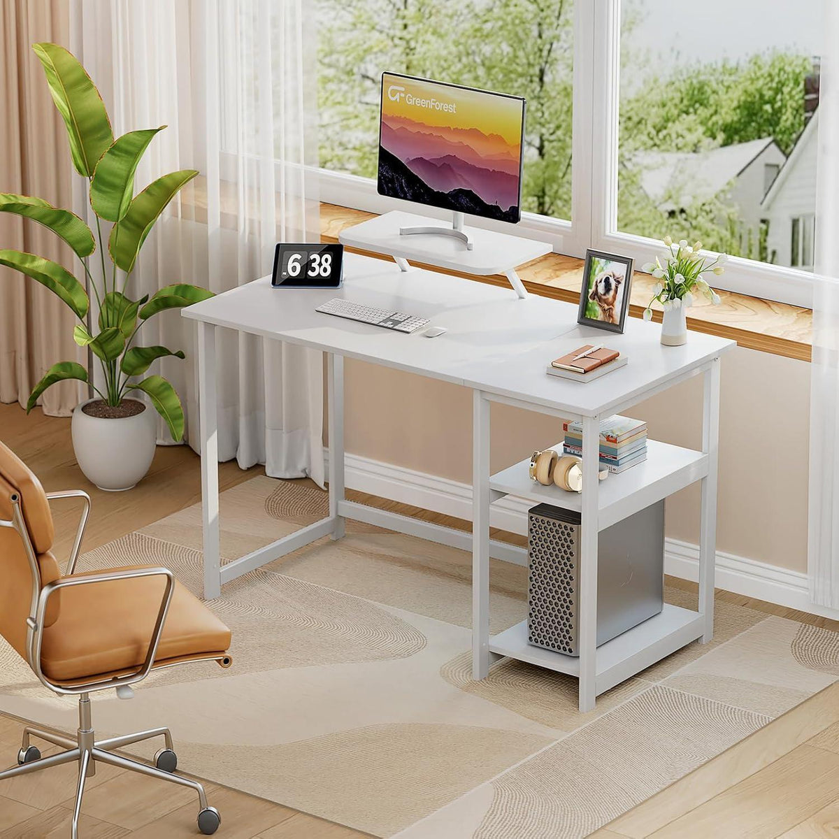 Schreibtisch mit Stauraum und Monitorständer, 120cm, Reinweiß