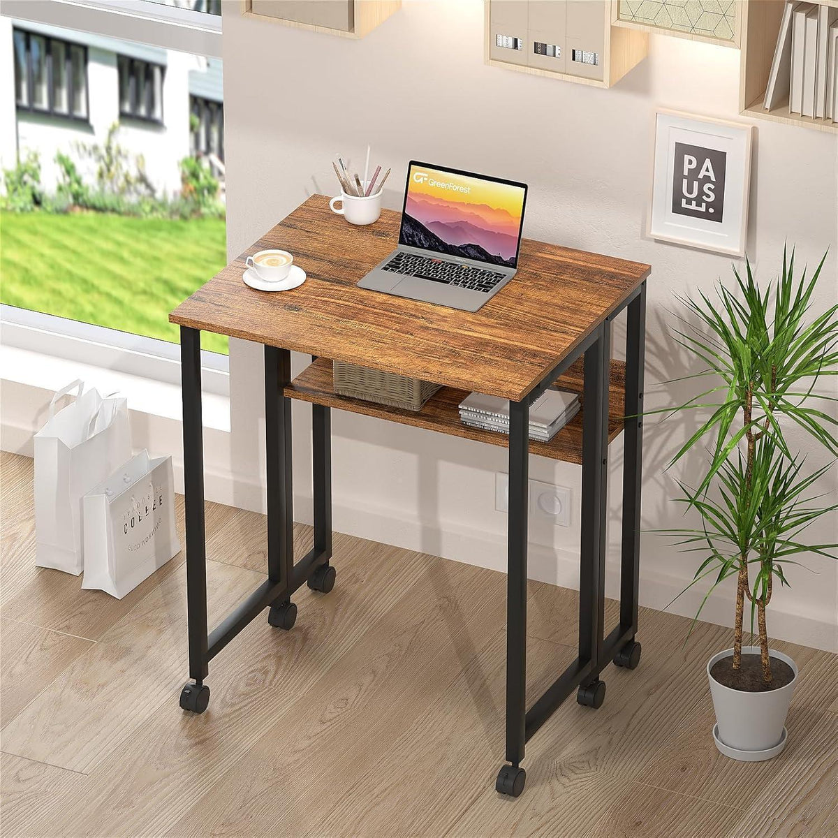 Klappschreibtisch mit Rollen und Ablage, Walnuss, 80 cm