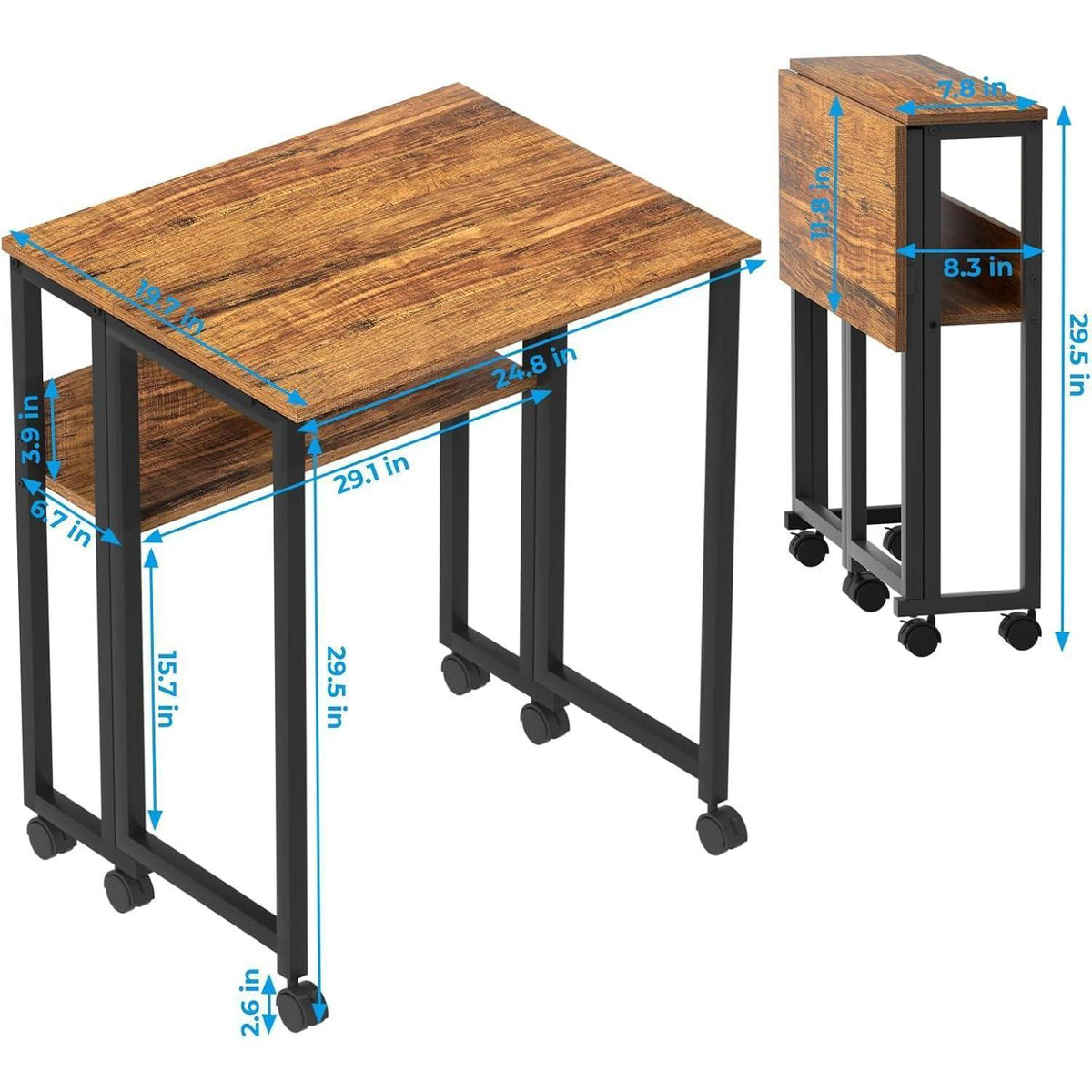 Klappschreibtisch mit Rollen und Ablage, Walnuss, 80 cm