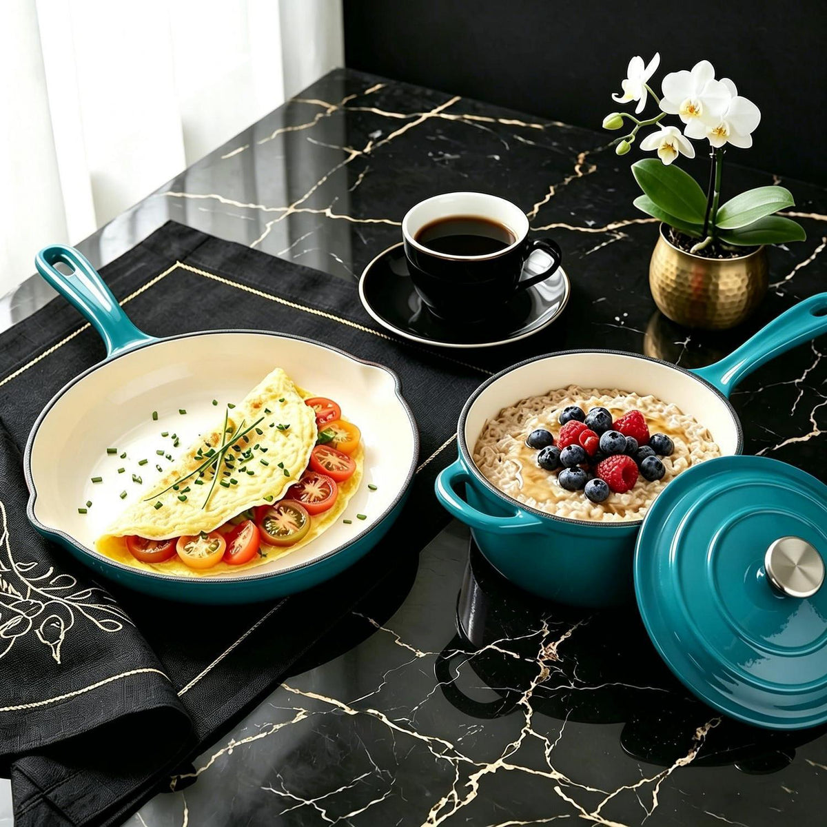 Gusseisen Kochgeschirr Set Teal 4-teilig – Ofenfest & Antihaft