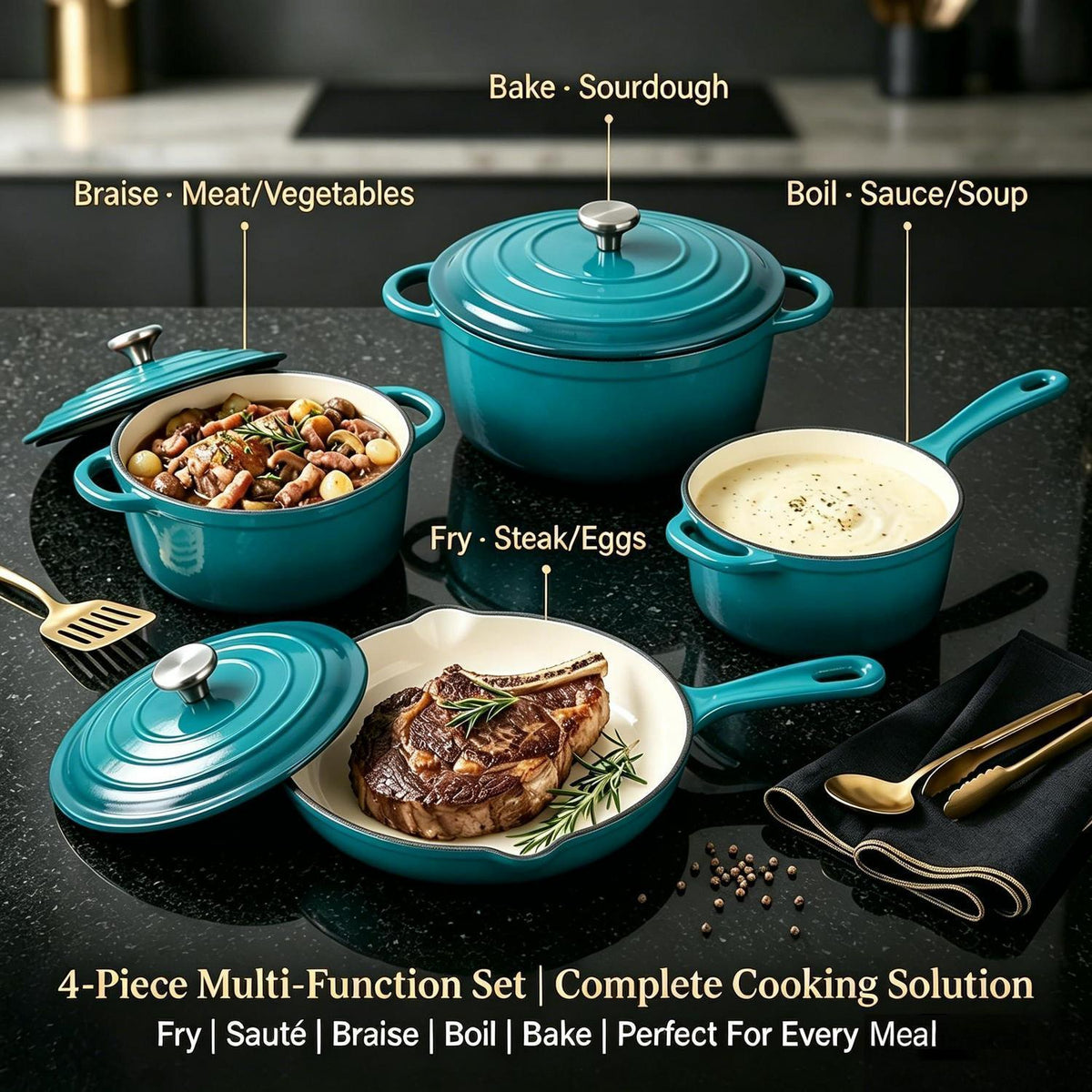 Gusseisen Kochgeschirr Set Teal 4-teilig – Ofenfest & Antihaft