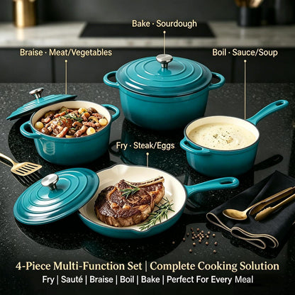 Gusseisen Kochgeschirr Set Teal 4-teilig – Ofenfest & Antihaft