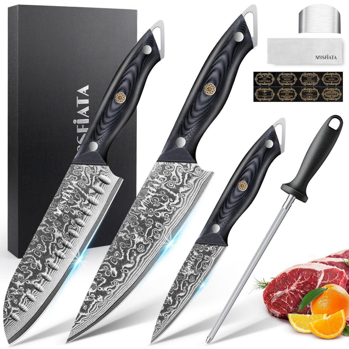 Damast Küchenmesser Set 3-tlg. mit Wetzstahl & Geschenkverpackung