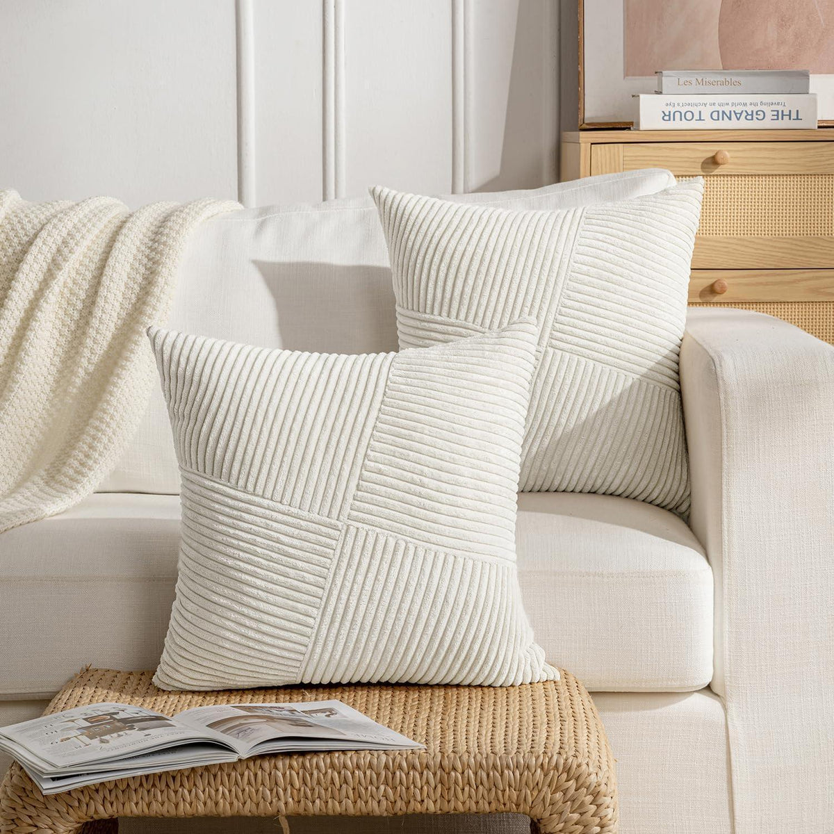 Creme Cord Kissenbezüge 50x50cm - 2er Set | Gestreifte Zierkissen