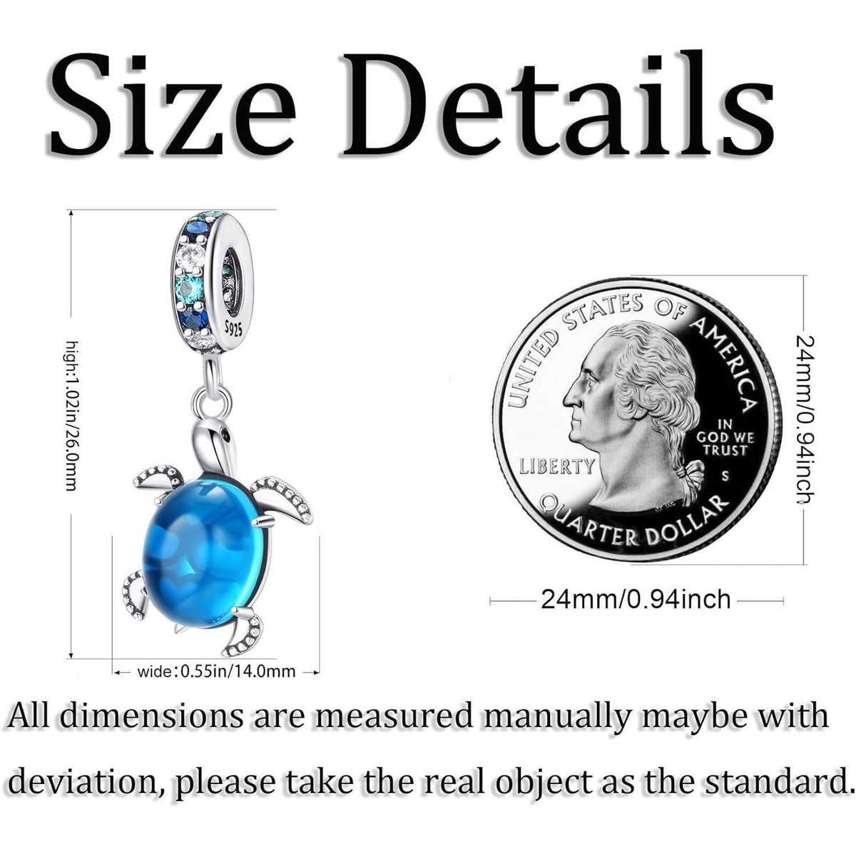 925 Sterling Silber Schildkröte Charm Anhänger Blau Zirkonia