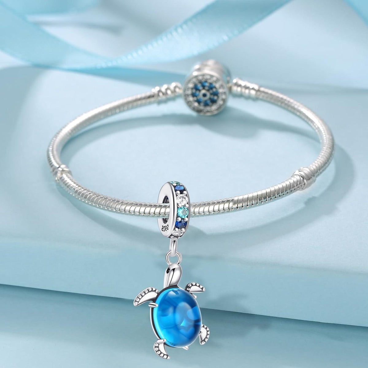925 Sterling Silber Schildkröte Charm Anhänger Blau Zirkonia