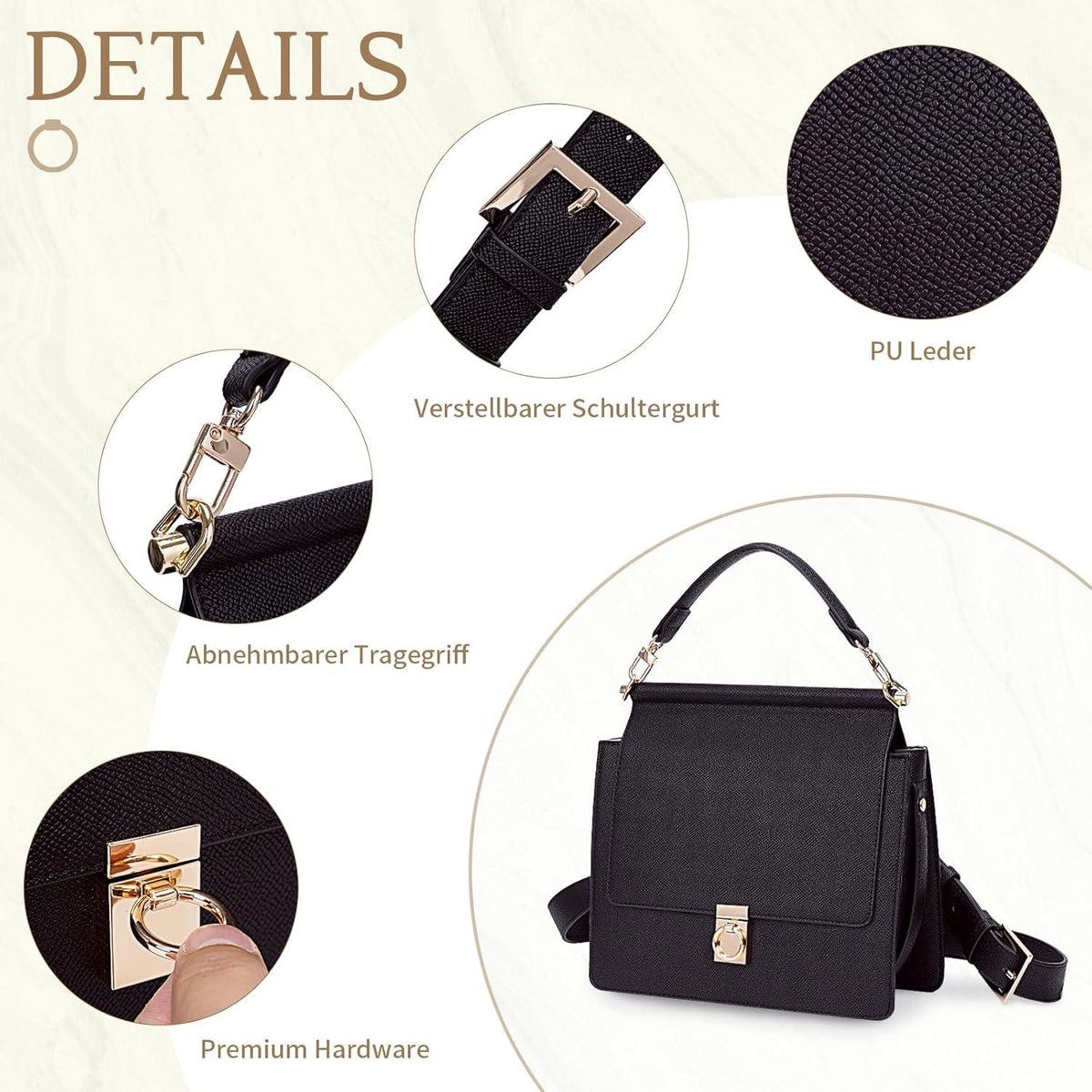 TIAASTAP Damen Handtasche French Style Ledertasche Schultertasche 23,5x22x10cm