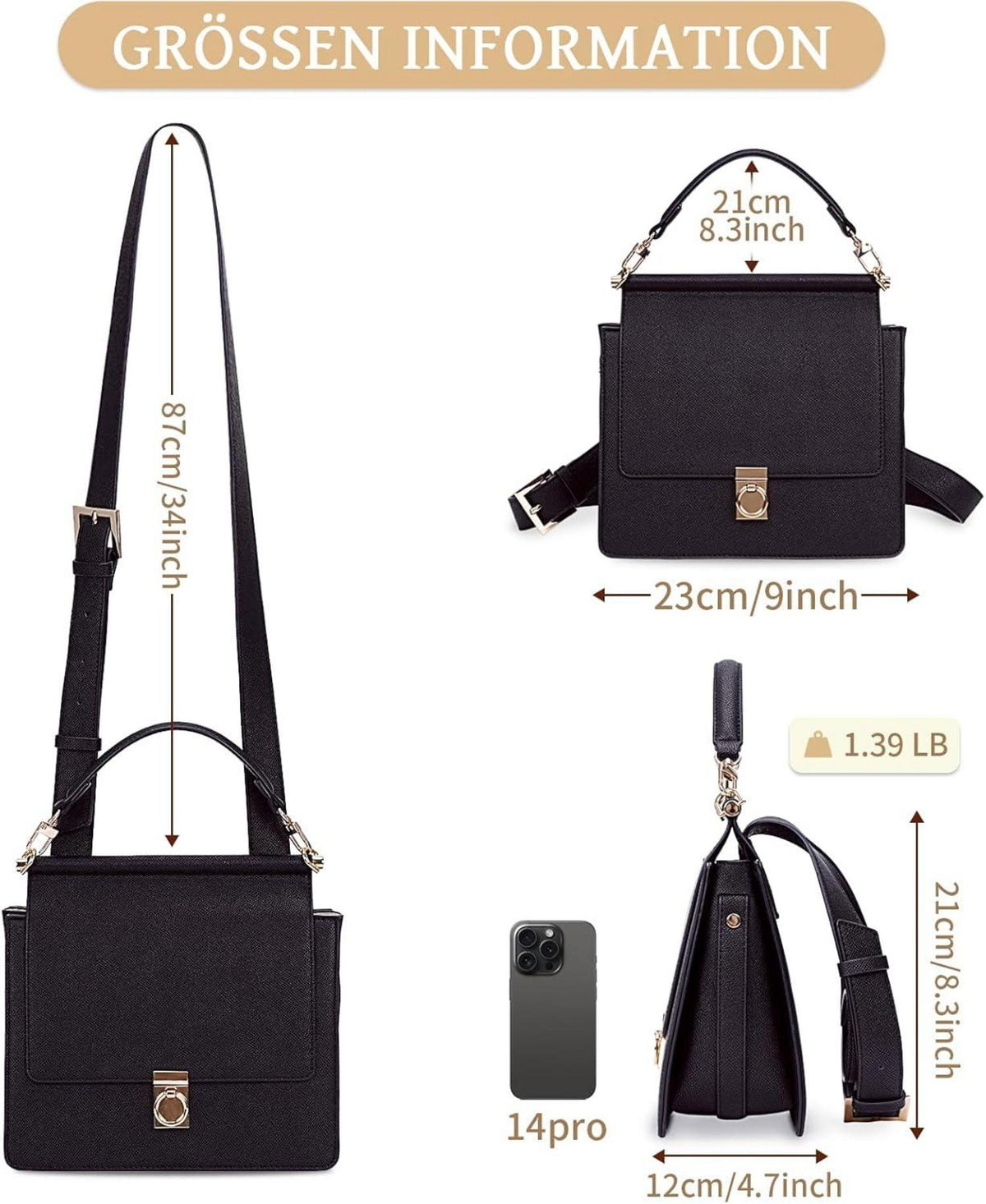Damen Handtasche Umhängetasche French Style Ledertasche 23,5x22x10 cm