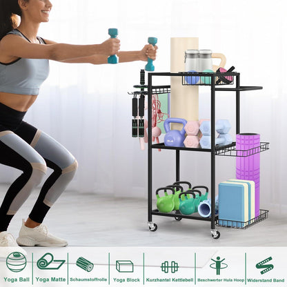 3-stufiger Fitnessgeräte-Wagen mit Rollen und Haken