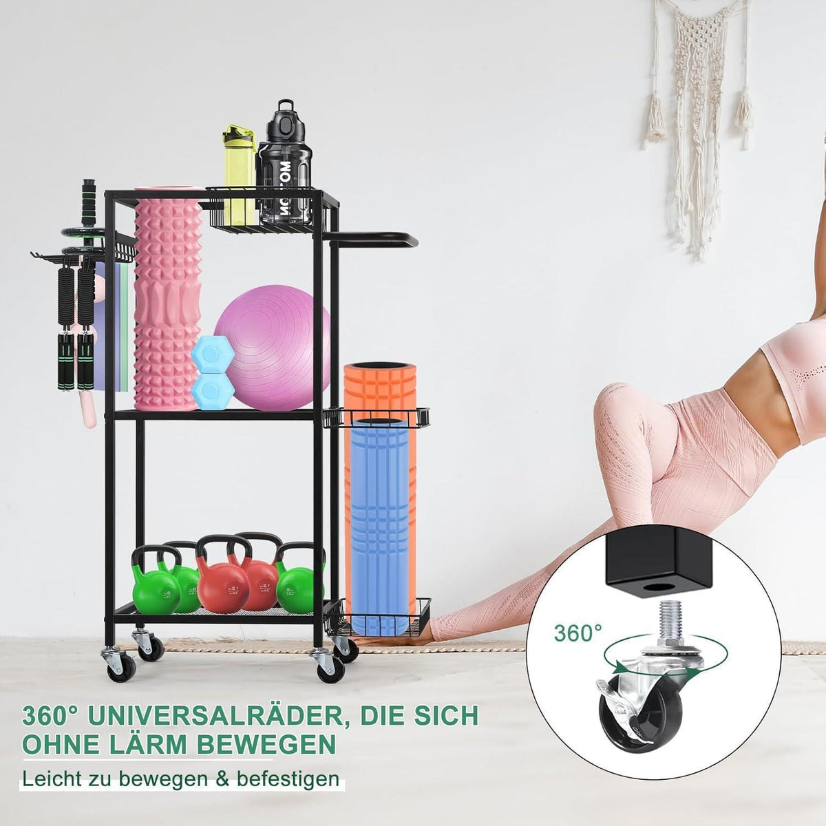 3-stufiger Fitnessgeräte-Wagen mit Rollen und Haken