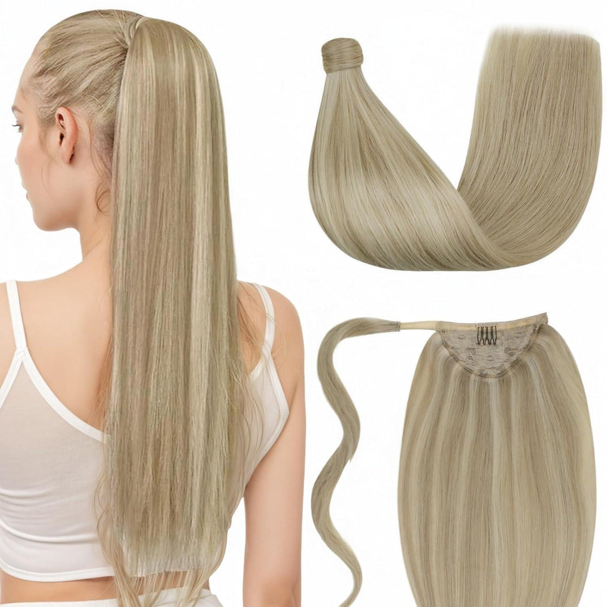Remy Echthaar Pferdeschwanzverlängerung Aschblond mit Goldblond 40cm