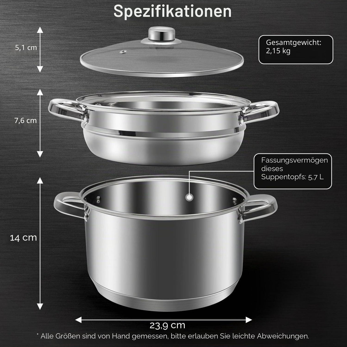 Edelstahl-Suppentopf-Set mit Dampfgarer & Glasdeckel 5.7L