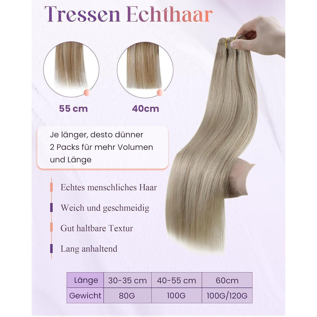 Echthaar Tressen Blond zum Einnähen – Remy, 45cm, 100g