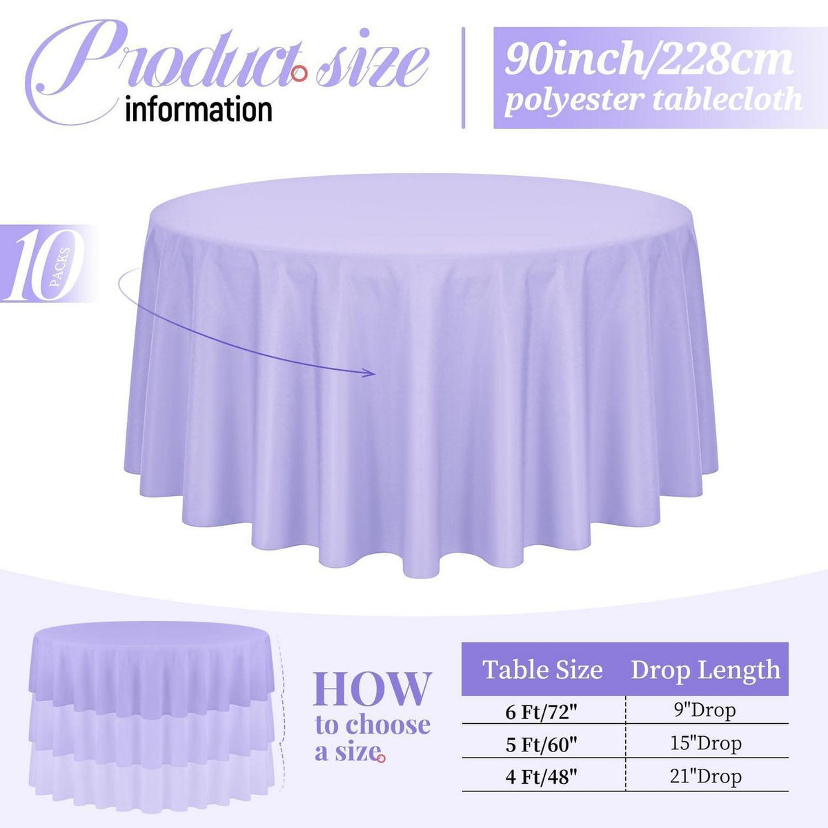 10er-Pack Runde Tischdecken Lila 228,6 cm – Flecken- & Knitterfrei