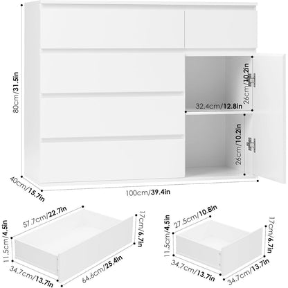 Weiße Kommode mit 5 Schubladen & Tür – 100cm Sideboard