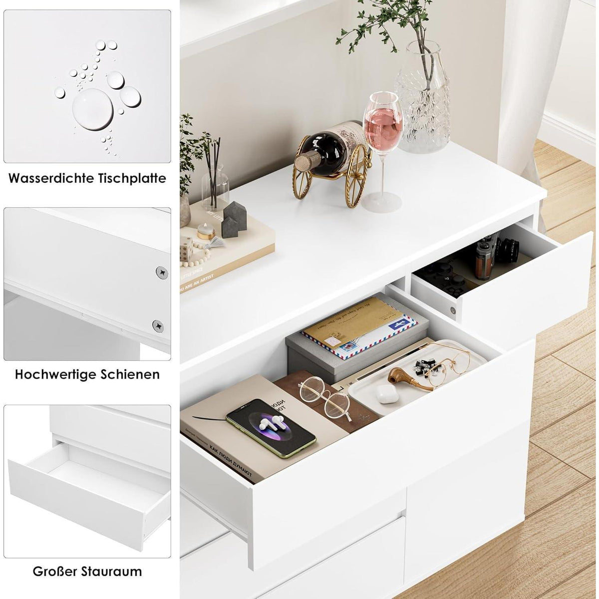 Weiße Kommode mit 5 Schubladen & Tür – 100cm Sideboard