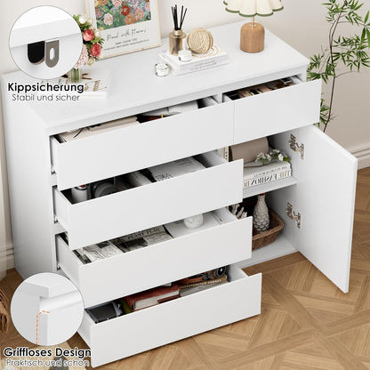 Weiße Kommode mit 5 Schubladen & Tür – 100cm Sideboard
