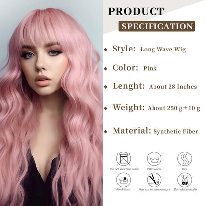 Lang Pink Wellige Perücke mit Pony – Damen Perücke für Party & Alltag