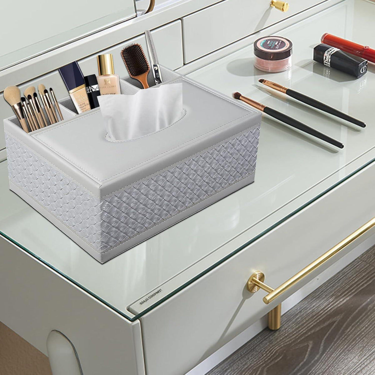 Taschentücherbox mit Organizer & Fernbedienungshalter in Lederoptik