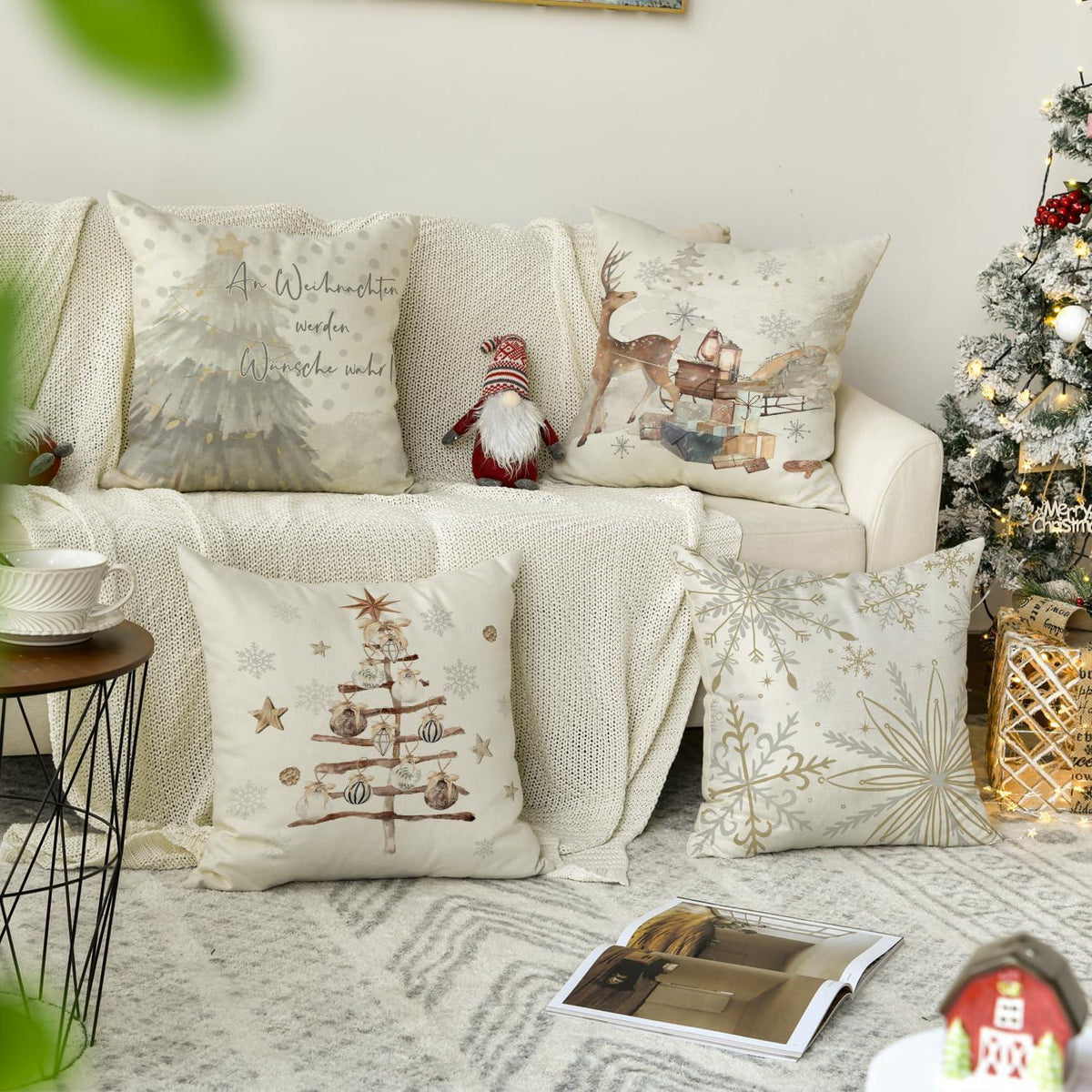 Weihnachtliche Kissenbezüge 4er Set, 40x40 cm, Beige