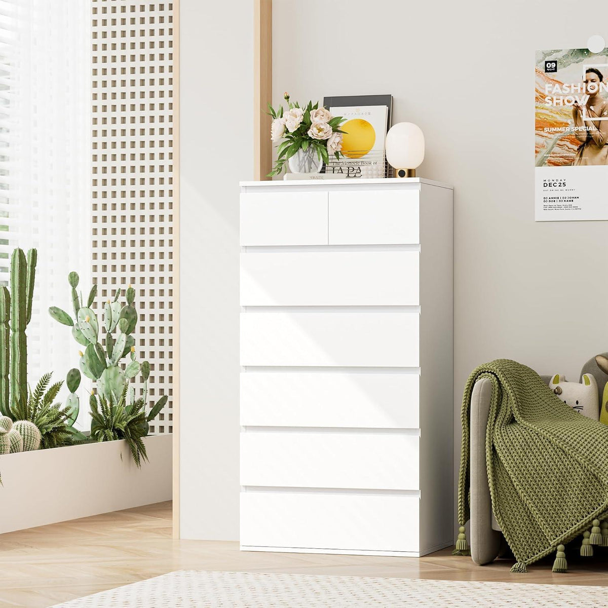 Weiße Kommode mit 7 Schubladen – Schlafzimmer Sideboard 60x40x119cm
