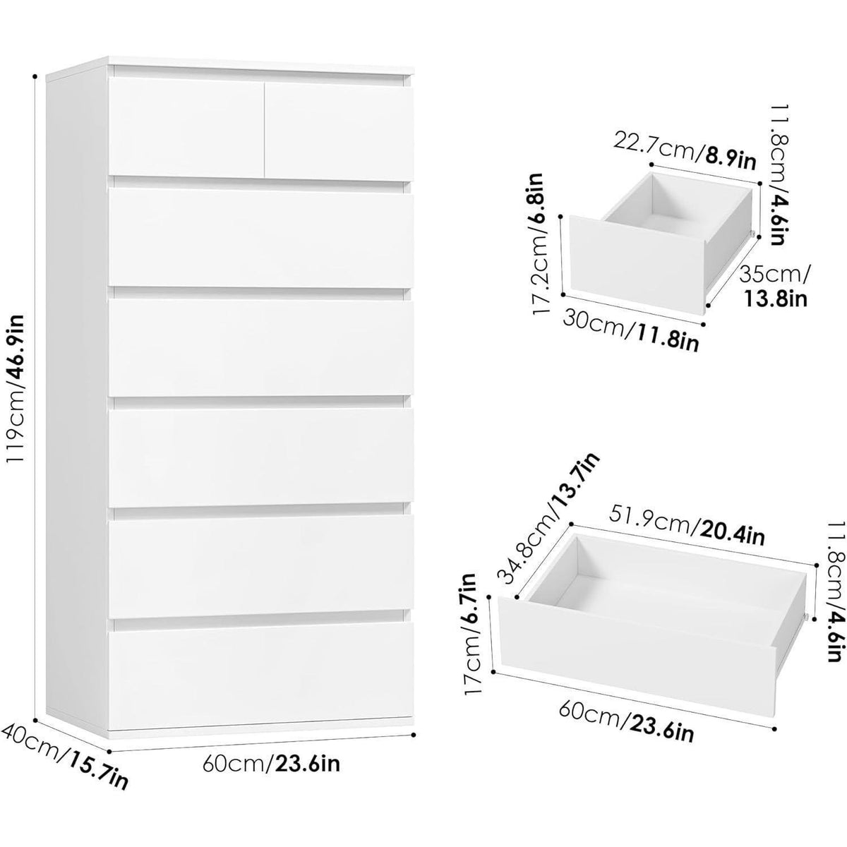 Weiße Kommode mit 7 Schubladen – Schlafzimmer Sideboard 60x40x119cm