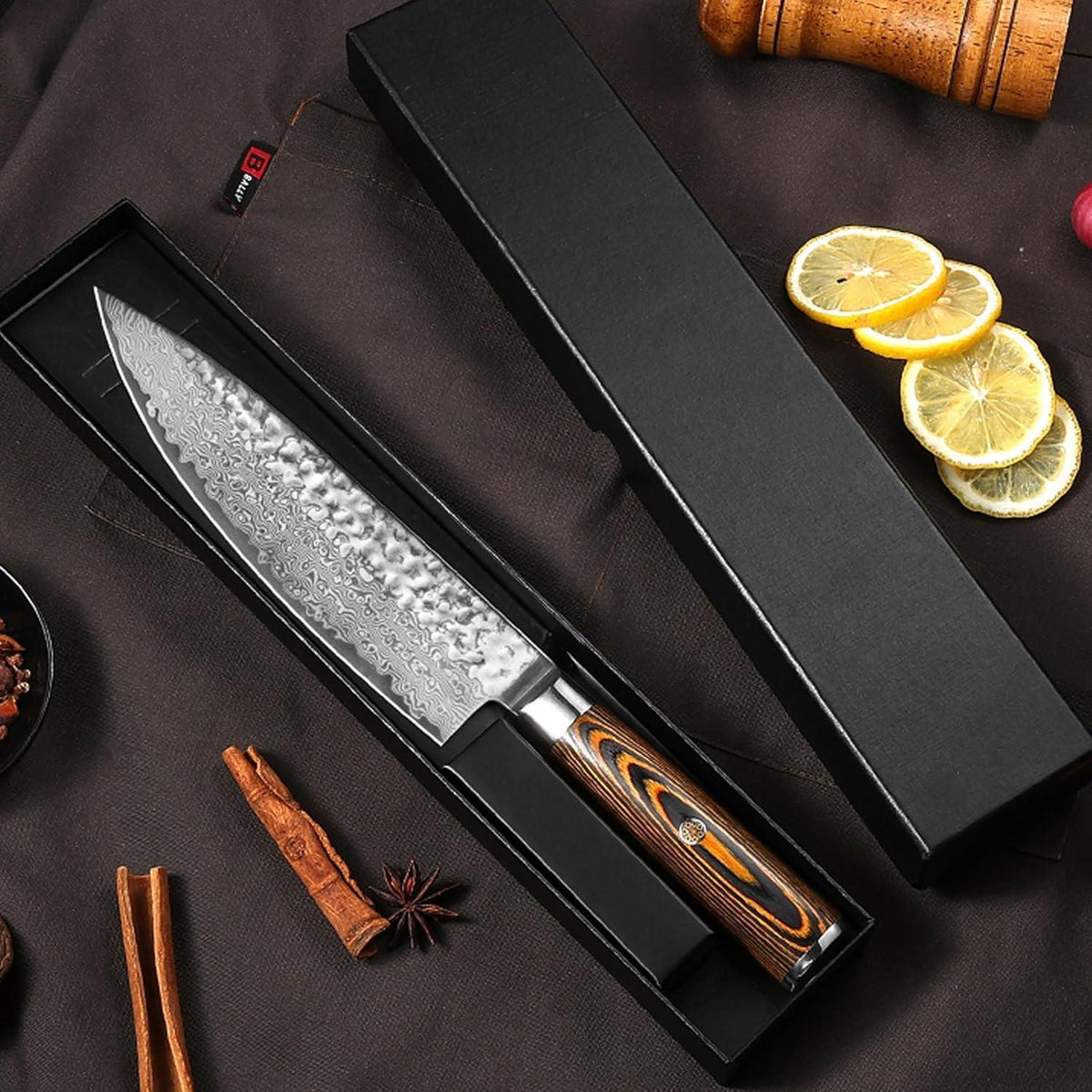 Damaszener Kochmesser 20cm – Scharfes Profi Messer Braun