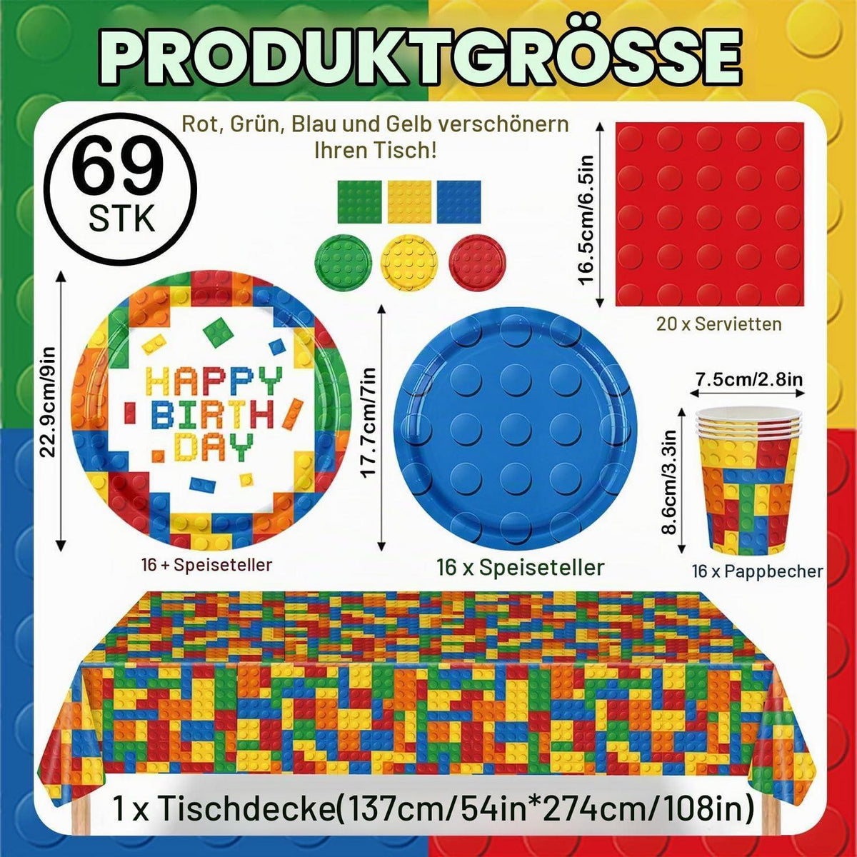 Geburtstag Party Geschirr Set für 16 Gäste – Baustein Design